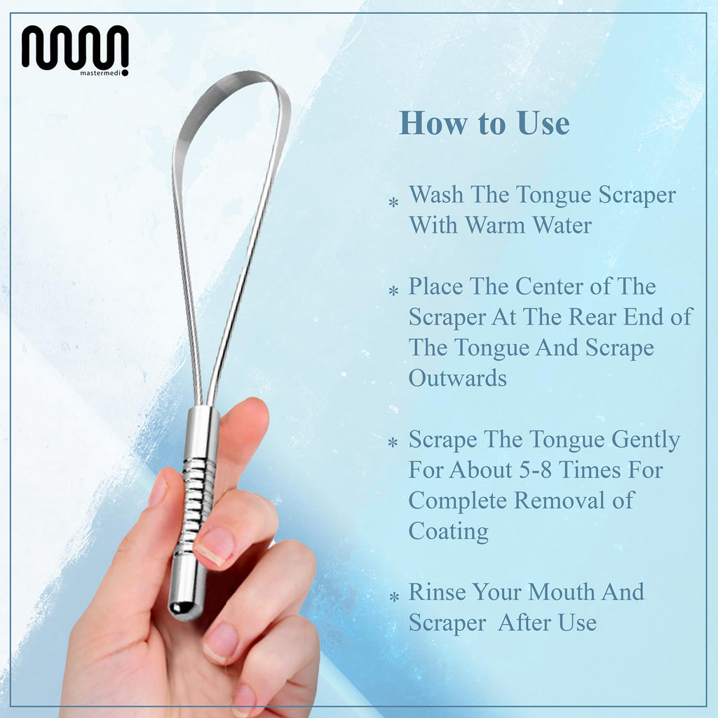 MasterMedi Tongue Scraper for Adults with Multicolor Travel Cases (2 Pack), 100% Stainless Steel, Reduce Bad Breath, Tongue Scrubber, Easy to Use, Tongue Cleaner for Oral Care & Hygiene