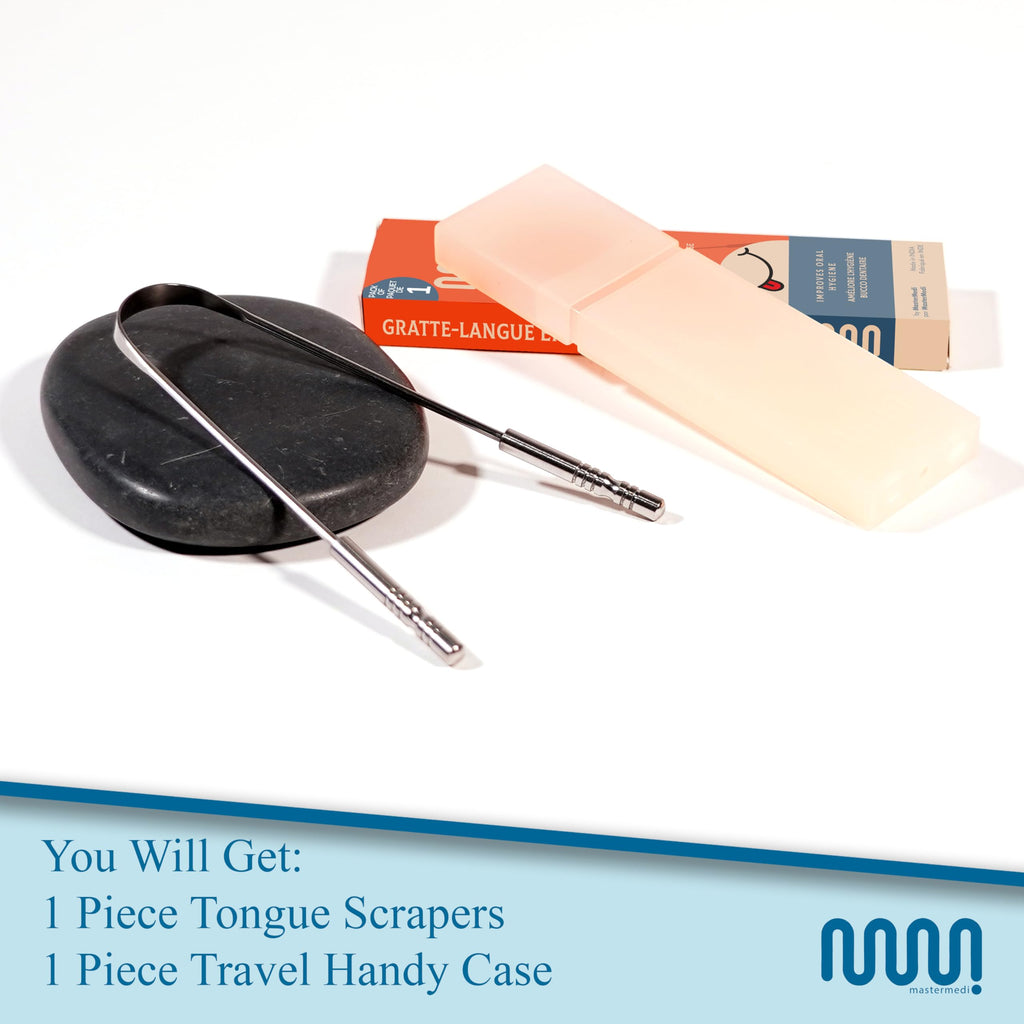 MasterMedi Tongue Scraper for Adults with Multicolor Travel Cases (2 Pack), 100% Stainless Steel, Reduce Bad Breath, Tongue Scrubber, Easy to Use, Tongue Cleaner for Oral Care & Hygiene