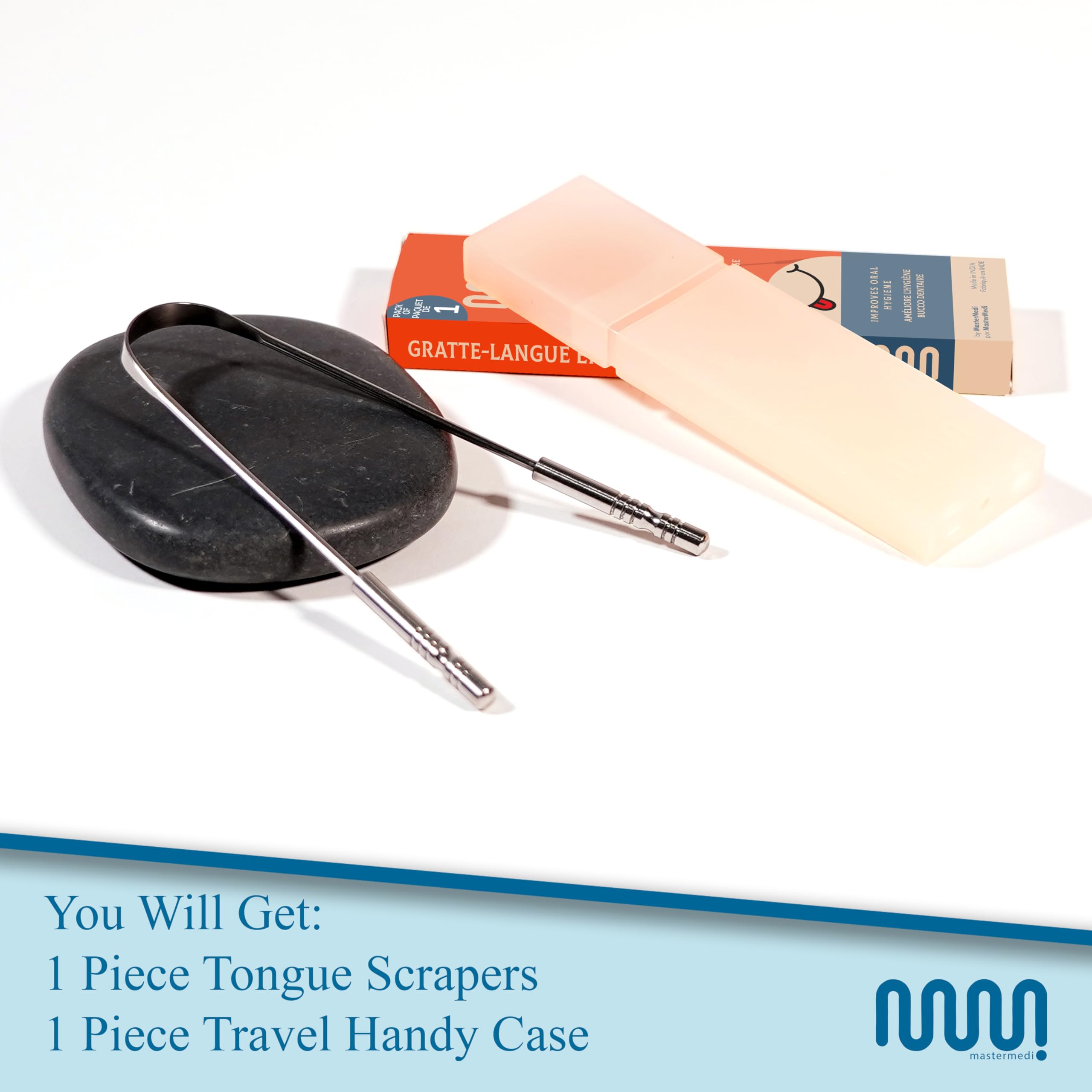 MasterMedi Tongue Scraper for Adults with Multicolor Travel Cases (2 Pack), 100% Stainless Steel, Reduce Bad Breath, Tongue Scrubber, Easy to Use, Tongue Cleaner for Oral Care & Hygiene