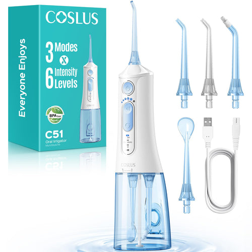 COSLUS C51 Portable Water Flosser for Teeth: 3 Modes & 6 Pressure Settings with Jet Mode Water Dental Pick for Orthodontic, Braces, Sensitive Gums, Compact for Travel, 300ML for Multiple Users, White
