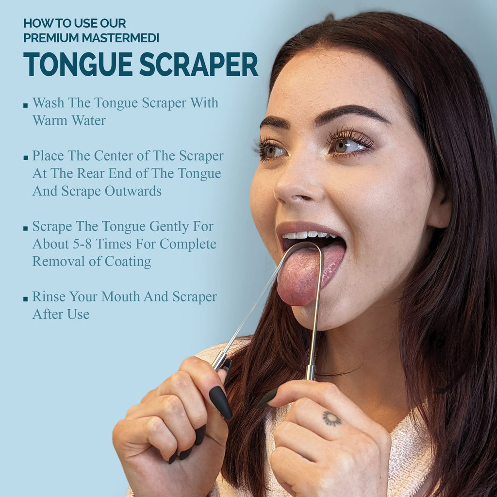 MasterMedi Tongue Scraper for Adults with Multicolor Travel Cases (2 Pack), 100% Stainless Steel, Reduce Bad Breath, Tongue Scrubber, Easy to Use, Tongue Cleaner for Oral Care & Hygiene